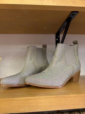 Crystal embellished Gray Chelsea Ankle Boots with Low Block Heel